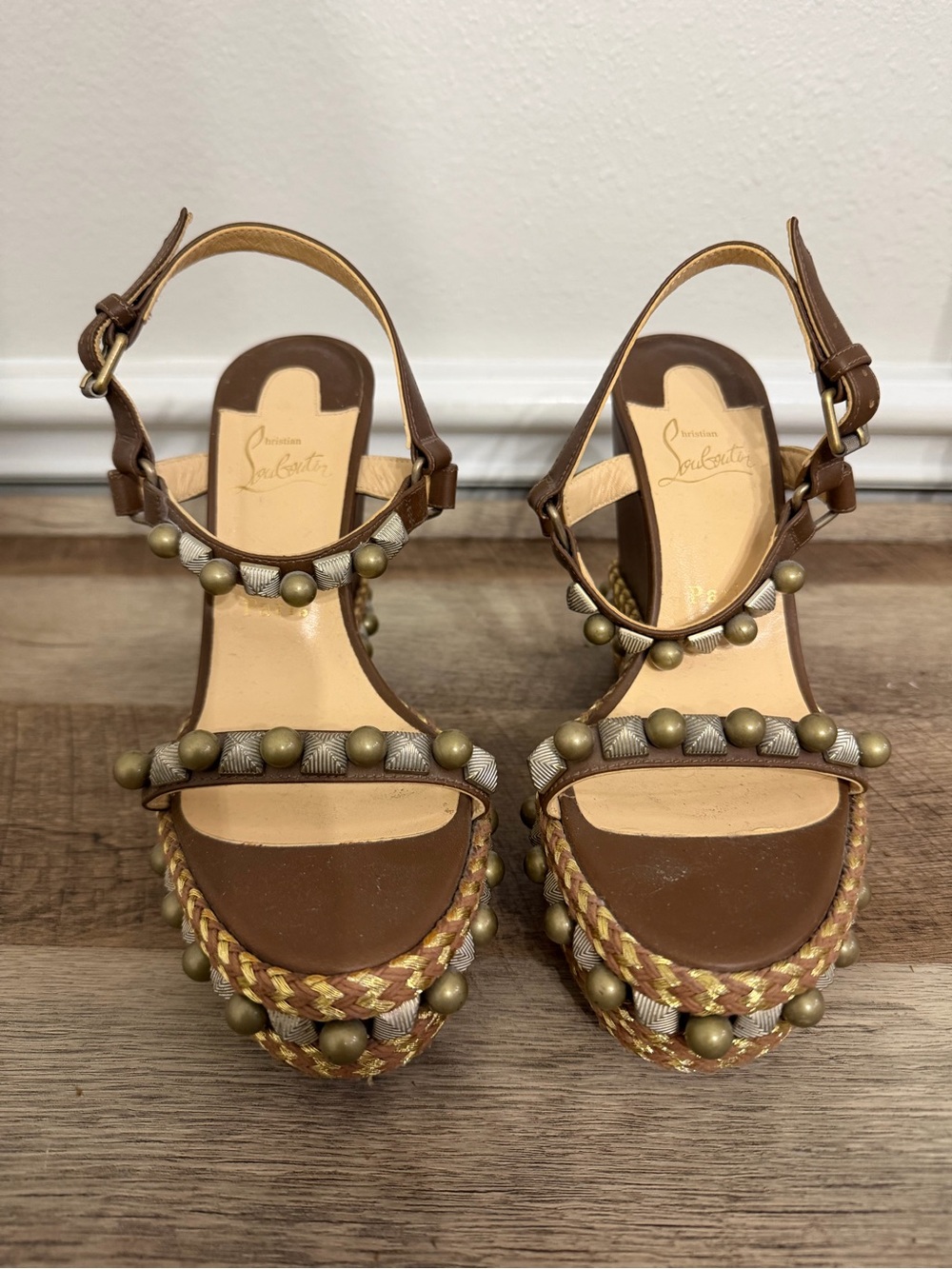 Christian Louboutin Brown Braided Studded Wedge Sandals